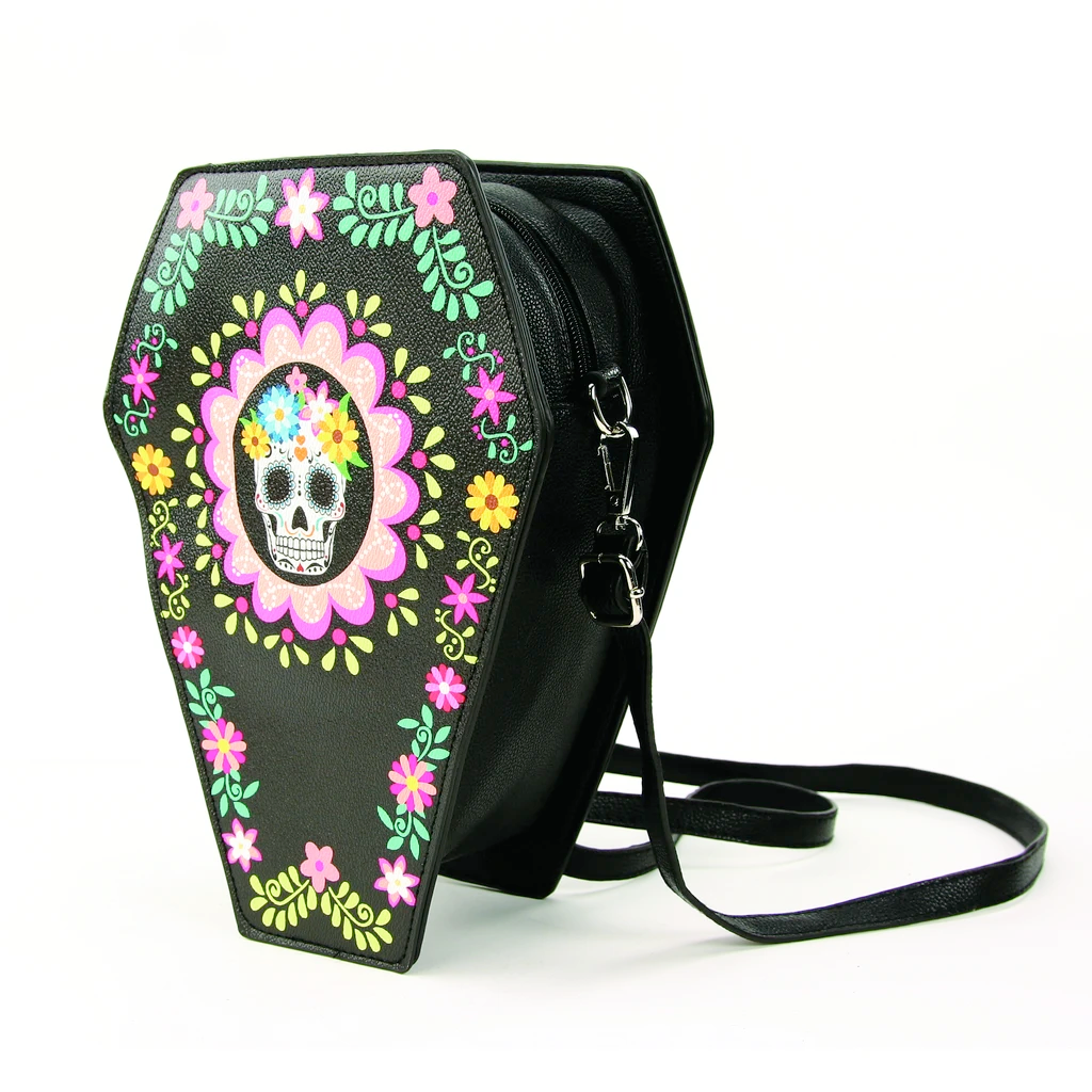 Comeco Day of The Dead Sugar Skull Coffin Shaped Convertible Mini Backpack / Crossbody