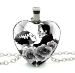 Bride and Frankenstein Heart Shaped Necklaces