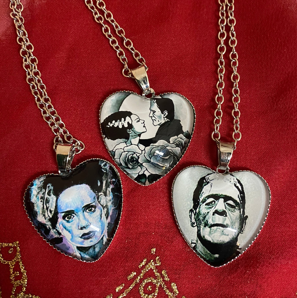 Bride and Frankenstein Heart Shaped Necklaces