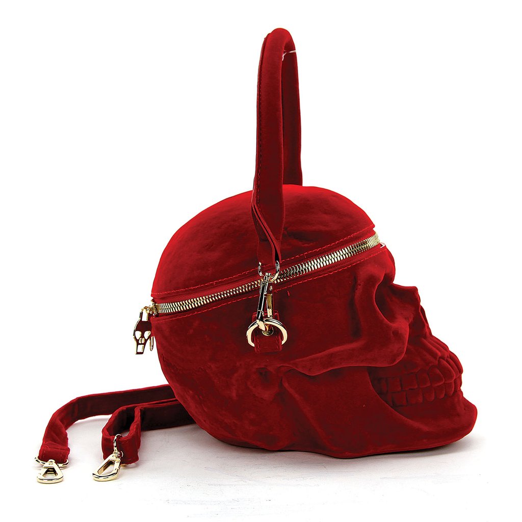 Life Size Crushed Red Velvet Skull Bag